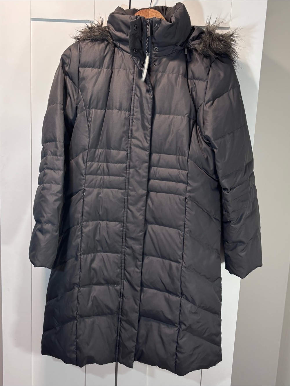 Calvin Klein Down Puffer Long Coat Women’s L Hooded Pockets Gray NWOT
